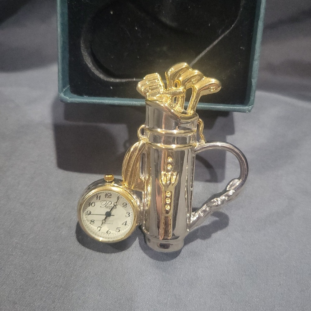 PLATINUM Miniature Desk Clock Golf Club, Bag & Ball Two Tone